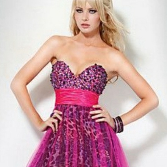 NEW JOVANI HOT PINK SEQUIN TULLE STRAPLESS ANIMAL PRINT EVENING GOWN - Picture 12 of 14